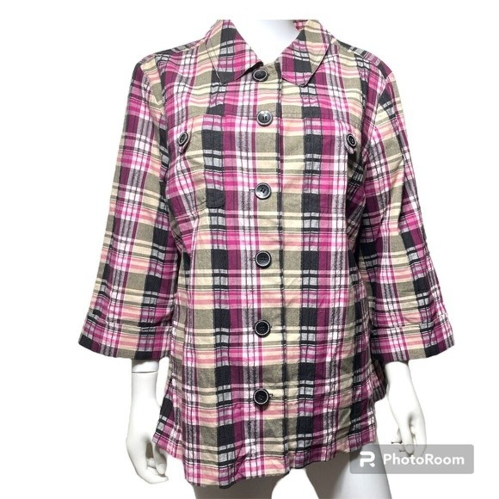 C.J. Banks Christopher & Banks Pink Black Tan Plaid Button Down Size 1X